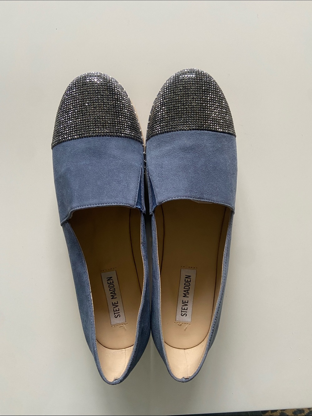 Steve Madden Light Blue Suede Flats with Crystal-Embellished Toe